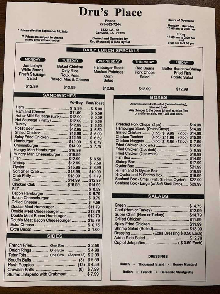 Dru's Place Menu