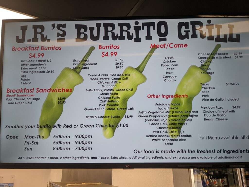 JRs Burrito Grill Menu
